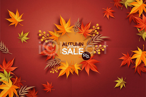 사람없음 AI(파일형식) 일러스트 가을(계절) 가을배경 낙엽 단풍 미니멀 백그라운드 빨간색 세일 열매 영어 원형프레임 이벤트 타이포그라피 페이퍼아트 프로모션