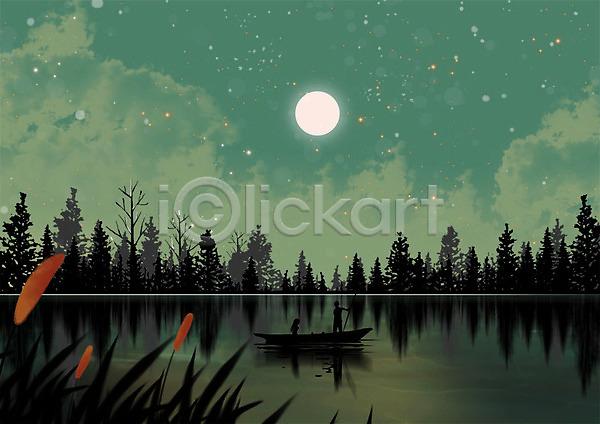 따뜻함 로맨틱 사랑 남자 두명 사람 성인 성인만 여자 PSD 실루엣 일러스트 나룻배 백그라운드 뱃놀이 별 보름달 야경 저녁 초록색 커플 풍경(경치) 프로포즈 호수