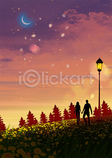따뜻함 로맨틱 사랑 남자 두명 사람 성인 성인만 여자 PSD 실루엣 일러스트 가로등 꽃밭 노을 달 백그라운드 야경 저녁 초승달 커플 풍경(경치) 프로포즈
