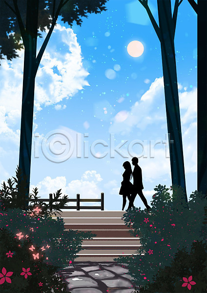 따뜻함 사랑 산책 남자 두명 사람 성인 성인만 여자 PSD 실루엣 일러스트 공원 나무 맑음 백그라운드 커플 풍경(경치) 프로포즈 하늘