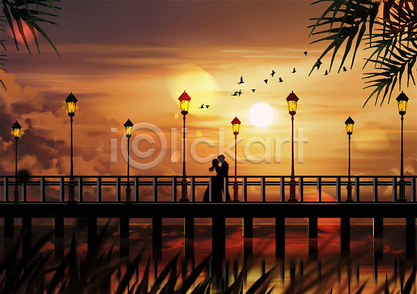 따뜻함 로맨틱 사랑 산책 남자 두명 사람 성인 성인만 여자 PSD 실루엣 일러스트 가로등 걷기 노을 다리(건축물) 백그라운드 야경 저녁 커플 풍경(경치) 프로포즈