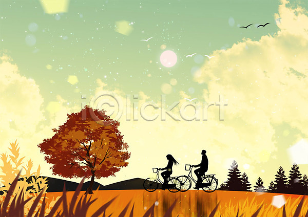 따뜻함 사랑 산책 남자 두명 사람 성인 성인만 여자 PSD 실루엣 일러스트 가을(계절) 가을배경 단풍 백그라운드 자전거 주황색 커플 풍경(경치) 프로포즈