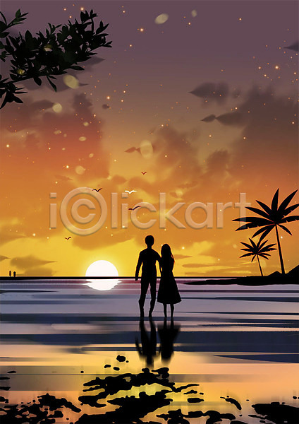 따뜻함 로맨틱 사랑 남자 두명 사람 성인 성인만 여자 PSD 실루엣 일러스트 노을 바다 백그라운드 야경 여름(계절) 일몰 저녁 커플 풍경(경치) 프로포즈 해변