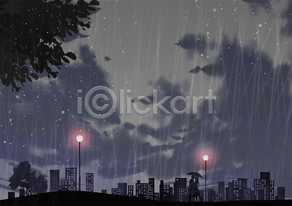 따뜻함 사랑 남자 두명 사람 성인 성인만 여자 PSD 실루엣 일러스트 가로등 걷기 공원 도시 백그라운드 비(날씨) 우산 커플 풍경(경치) 프로포즈