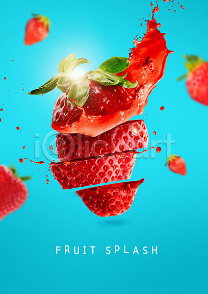 달콤 상큼 신선 사람없음 PSD 편집이미지 과일 과일조각 과즙 딸기 빨간색 스플래쉬 여름(계절) 파란색