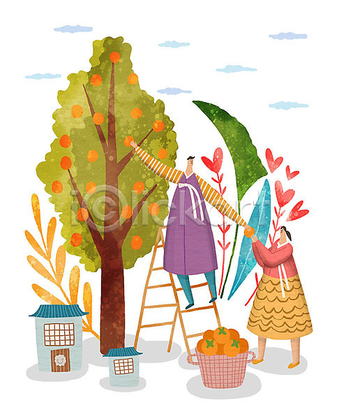 함께함 화목 남자 두명 사람 여자 PSD 일러스트 가을(계절) 가족 감나무 감따기 나무 명절 바구니 사다리 식물 추석 하트 하트꽃 한복 한옥