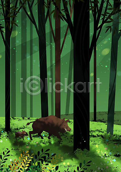 사람없음 PSD 일러스트 동물 두마리 멧돼지 백그라운드 숲 숲속 식물 자연 초록색 풍경(경치) 햇빛