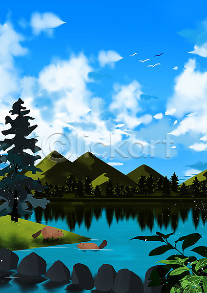 사람없음 PSD 일러스트 돌다리 동물 두마리 백그라운드 비버 산 숲 식물 자연 조류 파란색 풍경(경치) 호수