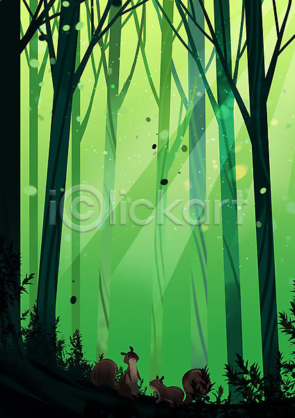 따뜻함 사람없음 PSD 일러스트 나무 다람쥐 동물 두마리 백그라운드 숲 식물 연두색 자연 초록색 풍경(경치) 햇빛