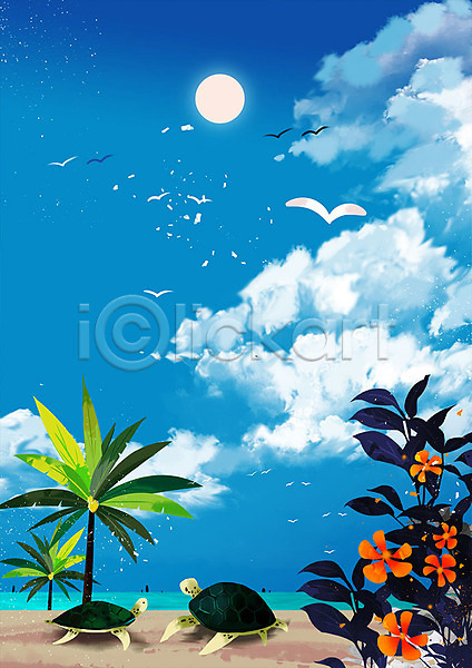 사람없음 PSD 일러스트 갈매기 거북이 구름(자연) 꽃 동물 두마리 바다 백그라운드 식물 야자수 자연 태양 파란색 풍경(경치) 하늘 해변