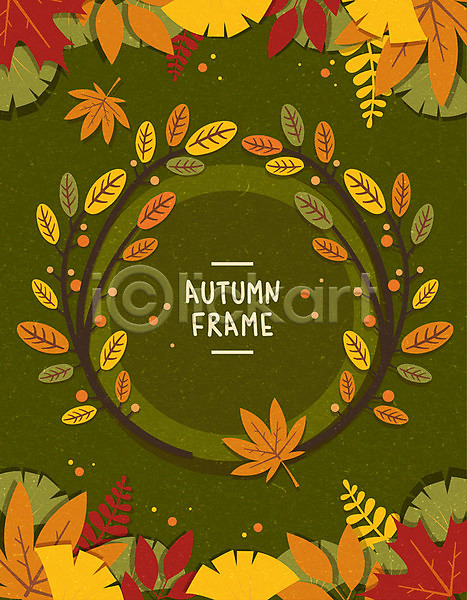 사람없음 AI(파일형식) 일러스트 프레임일러스트 가을(계절) 갈색 나뭇가지 낙엽 단풍 원형프레임 은행잎 초록색 프레임