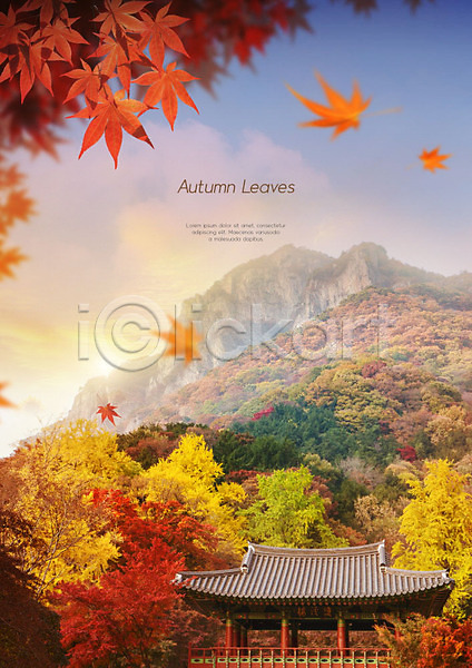 따뜻함 사람없음 PSD 편집이미지 가을(계절) 가을풍경 갈색 기와 기와지붕 낙엽 단풍 단풍나무 돌산 산 자연