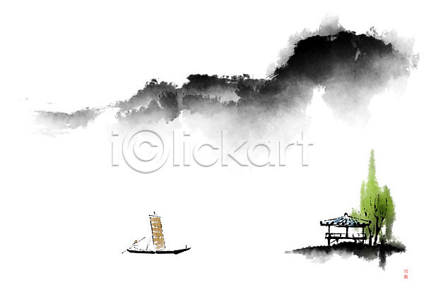 평화 사람 한명 PSD 일러스트 흑백 나룻배 나룻터 나무 낙관 뱃사공 번짐 붓터치 자연 정자(건축물) 캘리그라피 풍경(경치) 호수