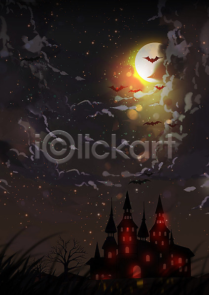 무서움 사람없음 PSD 일러스트 가을(계절) 가을축제 검은색 구름(자연) 나무 달 박쥐 반짝임 별 성 식물 야간 하늘 할로윈