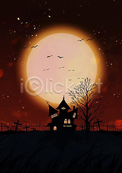 무서움 사람없음 PSD 일러스트 프레임일러스트 가을(계절) 가을축제 갈색 공동묘지 달 별 보름달 성 십자가 야간 울타리 원형프레임 조류 할로윈