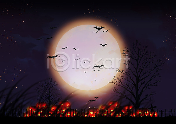 무서움 사람없음 PSD 일러스트 프레임일러스트 가을(계절) 가을축제 나무 달 박쥐 별 보름달 식물 야간 울타리 원형프레임 잭오랜턴 할로윈