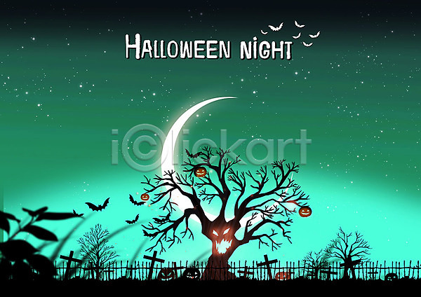 무서움 사람없음 PSD 일러스트 가을(계절) 가을축제 공동묘지 나무 달 박쥐 별 식물 십자가 야간 울타리 잭오랜턴 초록색 할로윈