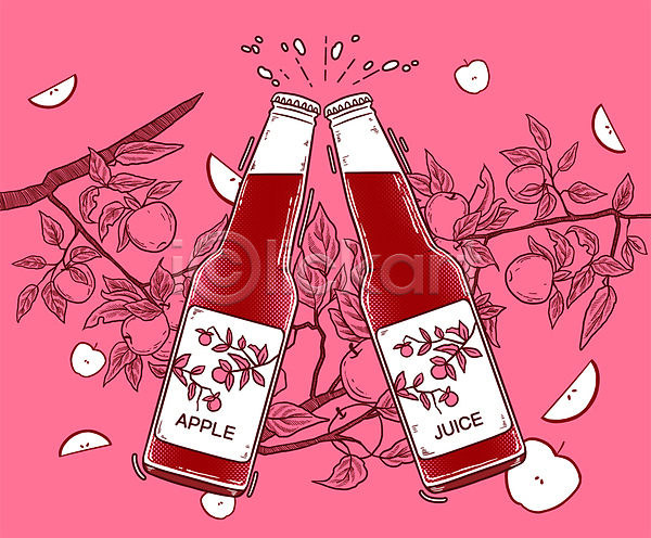 사람없음 PSD 일러스트 건배 나뭇가지 나뭇잎 분홍색 사과 사과나무 사과조각 사과주스 유리병 음료수병 타이포그라피