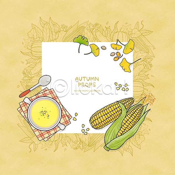 사람없음 PSD 라인일러스트 일러스트 프레임일러스트 가을(계절) 그릇 노란색 숟가락 식탁보 옥수수 옥수수스프 옥수수알 은행(열매) 은행잎 콘스프 프레임