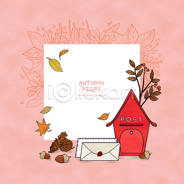 사람없음 PSD 라인일러스트 일러스트 프레임일러스트 가을(계절) 나뭇가지 낙엽 단풍 도토리 분홍색 솔방울 열매 우체통 우편물 편지 편지봉투 프레임