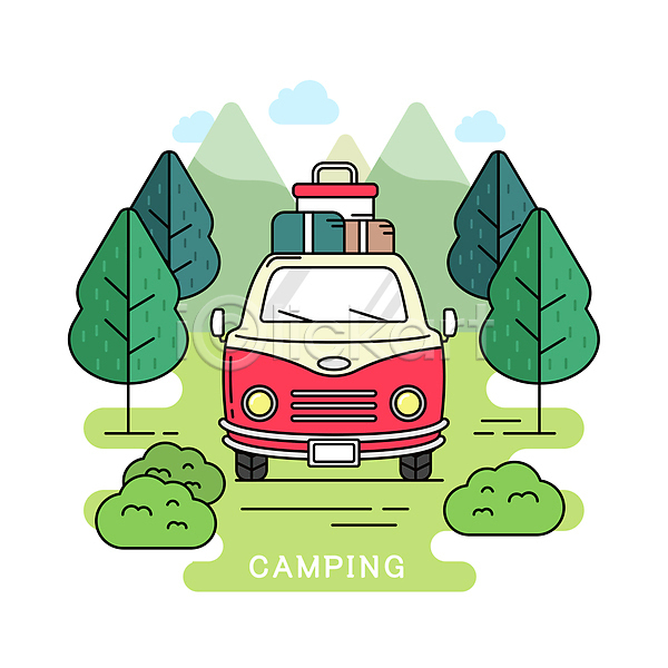사람없음 AI(파일형식) 일러스트 구름(자연) 나무 산 여행가방 올리기 짐 캠핑 캠핑도구 캠핑장 캠핑카 풀숲