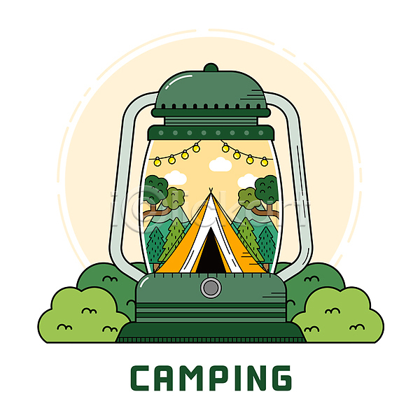 사람없음 AI(파일형식) 일러스트 가랜드 구름(자연) 나무 랜턴 산 알전구 초록색 캠핑 캠핑장 텐트 풀숲