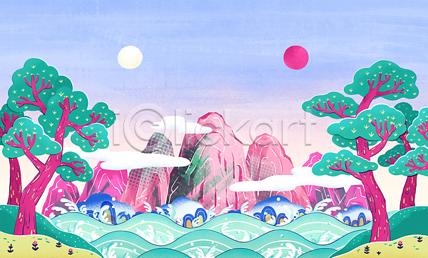 사람없음 PSD 일러스트 구름(자연) 달 동양화 바다 분홍색 산 산수화 소나무 일월오봉도 전통그림 태양 파도 파란색 풍경(경치) 한국