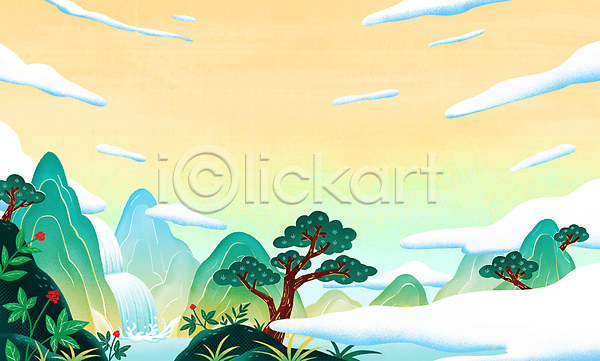 사람없음 PSD 일러스트 구름(자연) 노란색 동양화 바위 산 산삼 산수화 소나무 인삼 전통그림 초록색 폭포 풀(식물) 풍경(경치) 한국