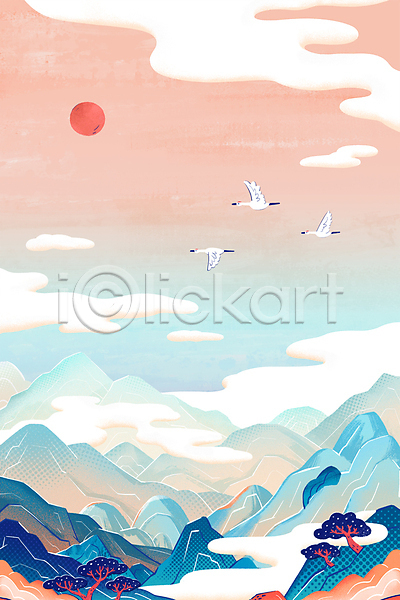 사람없음 PSD 일러스트 구름(자연) 동양화 분홍색 비행 산 산맥 산수화 새해 세마리 소나무 전통그림 태양 풍경(경치) 하늘색 학 한국