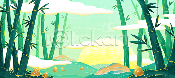 사람없음 PSD 일러스트 구름(자연) 대나무 대나무숲 동양화 바위 산수화 전통그림 죽순 초록색 태양 풍경(경치) 한국