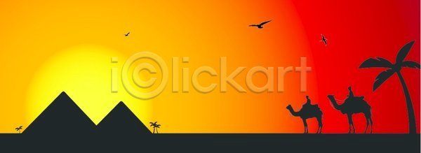 EPS 일러스트 해외이미지 2 검은색 낙타 노란색 동물 빨간색 사막 야자수 오렌지 이집트 일몰 태양 포유류 풍경 피라미드 하늘 해외일러스트