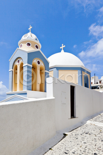 사람없음 JPG 포토 해외이미지 건물 교회 그리스 산토리니 십자가 유럽 파란색 풍경(경치) 하늘 휴양지 흰색