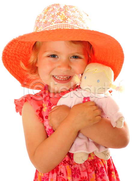 기쁨 천진난만 행복 사람 어린이 여자 한명 JPG 포토 해외이미지 놀이 딸 유치원 인형 흰색