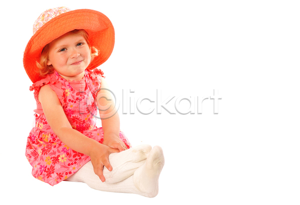 백인 어린이 한명 JPG 포토 해외이미지 고립 꽃 꽃무늬 드레스 딸 분홍색 빨간색 스타킹 앉기 오렌지 옷입기