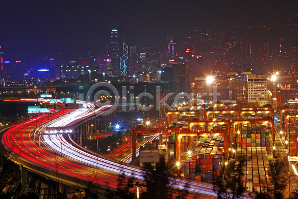 사람없음 JPG 장노출 포토 해외이미지 건물 고층빌딩 도로 도시 도시풍경 무역항 야간 야경 야외 컨테이너 컨테이너상자 홍콩
