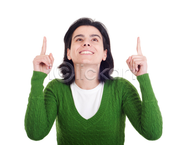 상승 자신감 행복 백인 사람 성인 여자 한명 JPG 포토 해외이미지 1 가리킴 고립 방향 백그라운드 보여주기 뷰티 생각 서기 손 손가락 손짓 스웨터 응시 초록색 컨셉 흰색