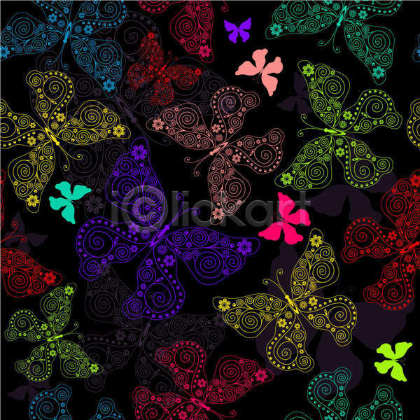 화려 사람없음 EPS 일러스트 해외이미지 꽃 나비 디자인 라인아트 백그라운드 여러마리 컬러풀