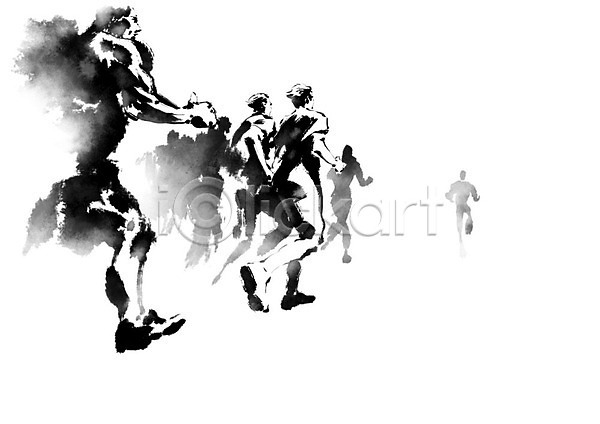 열정 남자 사람 여러명 여자 PSD 일러스트 흑백 검은색 달리기 동행 마라톤 번짐 붓터치 육상스포츠 캘리그라피