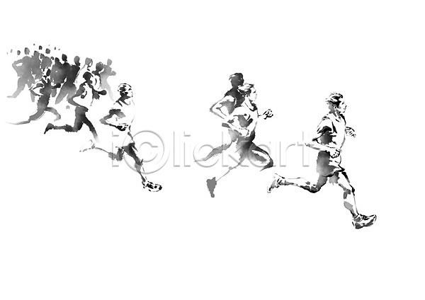 열정 남자 사람 여러명 여자 PSD 일러스트 흑백 검은색 달리기 동행 마라톤 번짐 붓터치 육상스포츠 캘리그라피