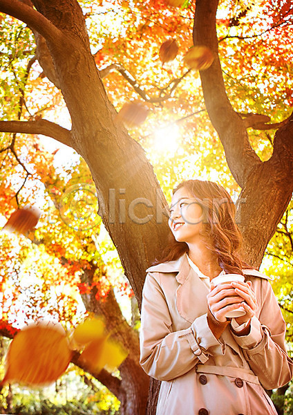 즐거움 행복 20대 사람 성인여자한명만 여자 한국인 한명 PSD 앞모습 편집이미지 가을(계절) 가을여행 가을풍경 나무 낙엽 단풍 들기 미소(표정) 상반신 서기 식물 여행 자연 종이컵 커피 풍경(경치) 햇빛