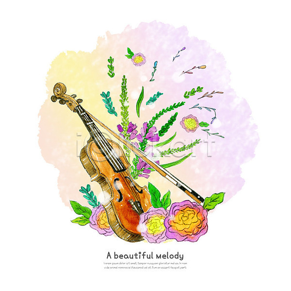 즐거움 사람없음 PSD 일러스트 꽃 꽃잎 라넌큘러스 바이올린 번짐 붓터치 수채화(물감) 식물 악기