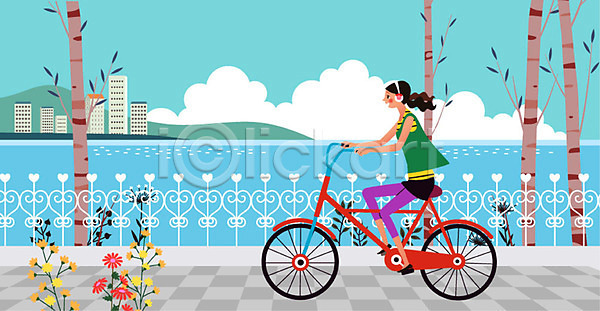 만족 상쾌 즐거움 사람 성인 성인여자한명만 여자 한명 AI(파일형식) 일러스트 강 건강 건강관리 건물 구름(자연) 꽃 도로 산 운동 울타리 자기관리 자전거 하이킹