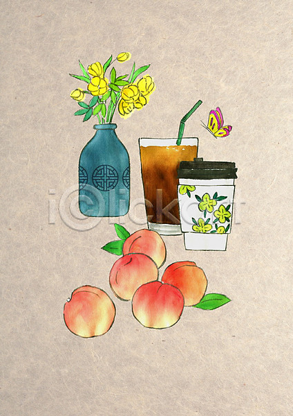 귀여움 빈티지 사람없음 PSD 일러스트 꽃 꽃병 나비 복숭아 빨대 수채화(물감) 전통 커피 컬러풀 테이크아웃컵