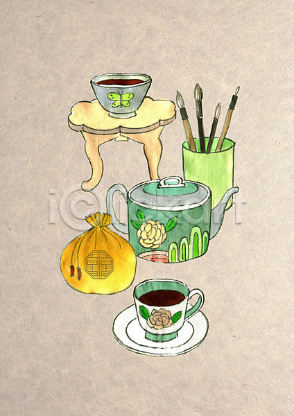 귀여움 빈티지 사람없음 PSD 일러스트 꽃 꽃병 복주머니 붓 붓통 수채화(물감) 전통 찻주전자 커피 커피잔 컬러풀