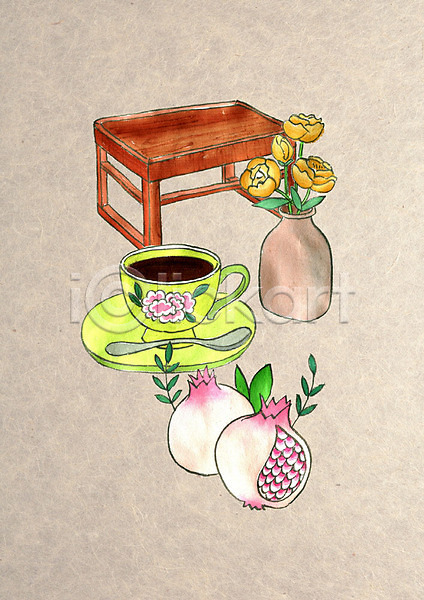 귀여움 빈티지 사람없음 PSD 일러스트 꽃 꽃병 석류 수채화(물감) 전통 찻상 커피 커피잔 컬러풀 티스푼