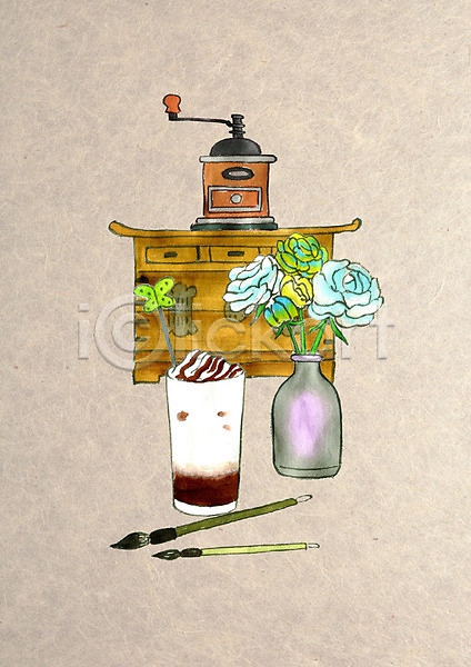 귀여움 빈티지 사람없음 PSD 일러스트 고가구 그라인더 꽃 꽃병 붓 수채화(물감) 전통 커피 커피메이커 컬러풀