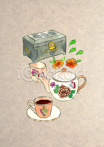 귀여움 빈티지 사람없음 PSD 일러스트 고가구 꽃 꽃병 머그컵 수채화(물감) 전통 찻주전자 커피 커피잔 컬러풀