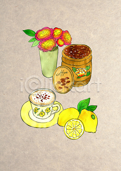 귀여움 빈티지 사람없음 PSD 일러스트 꽃 꽃병 레몬 수채화(물감) 원두 원두커피 전통 커피 커피잔 컬러풀