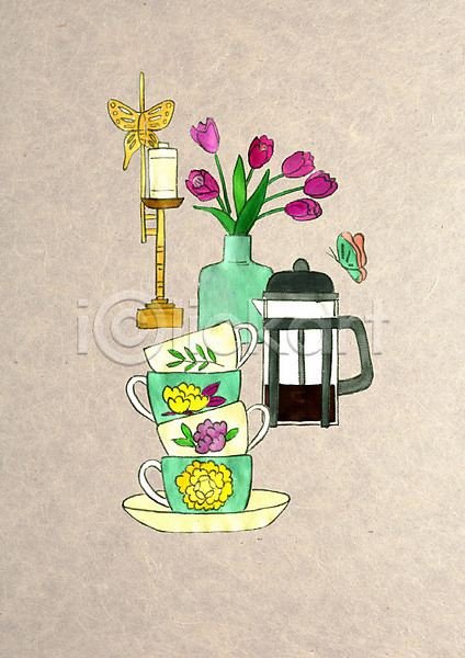 귀여움 빈티지 사람없음 PSD 일러스트 꽃 꽃병 나비 머그컵 수채화(물감) 원두 원두커피 전통 촛대 커피 커피메이커 커피잔 컬러풀
