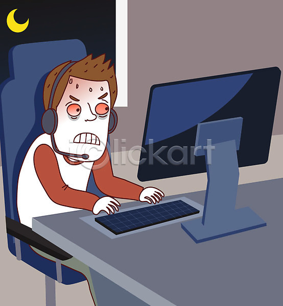 스트레스 우울감 남자 남자한명만 사람 AI(파일형식) 일러스트 게임 게임중독 야간 의자 정신병 정신질환 창문 책상 초승달 충혈 컴퓨터 키보드 헤드셋